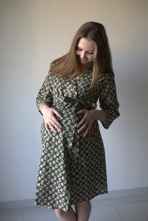 Green Geometric Motif Hand Block Organic Cotton Maternity Robe