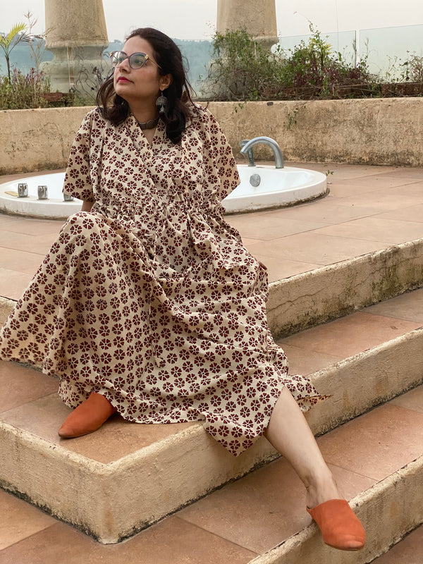 Ivory Red Floral Motif Hand Block Printed Caftan with V-Neck, Cinched Waist and Available in both Knee and Ankle Length