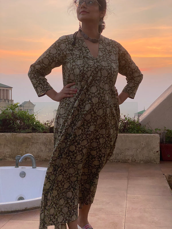 Green Lotus Motif Hand-Blocked Free Flow Dress | Available in both Knee and Ankle Length