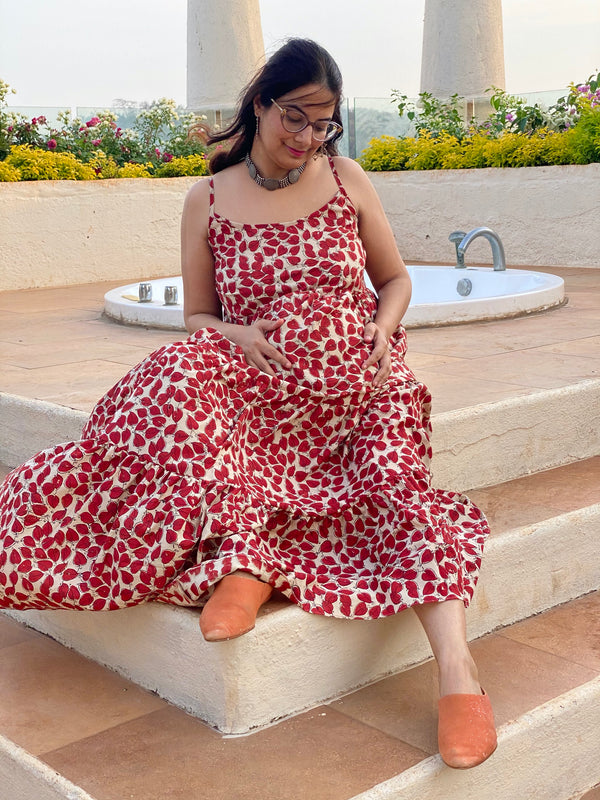 Ivory Red Leafy Motif Hand-Block Tiered Maternity Spaghetti Dress