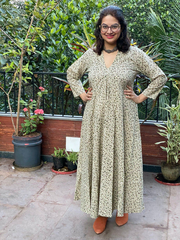 Ivory Green Teeny Tiny Leafy Motif Hand-Blocked Free Flow Dress | Available in both Knee and Ankle Length