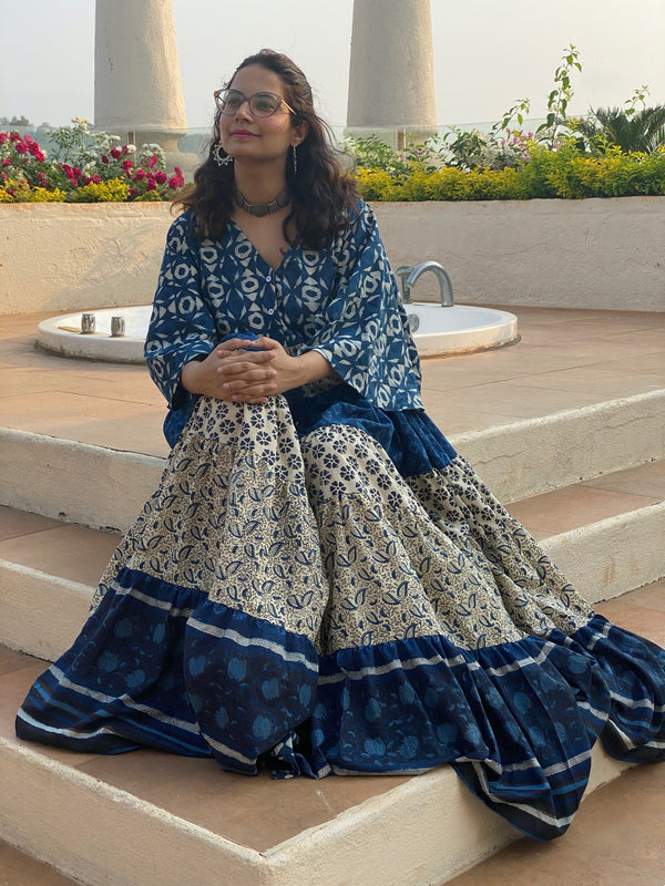 Indigo Blue and Ivory Mix 5 Tiered Dress in Hand-Block Print