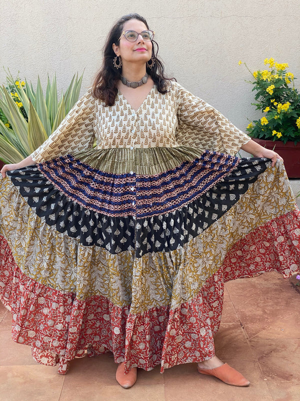 Mixed Colors Hand Block Printed Front Buttoned 5 Tiered Dress