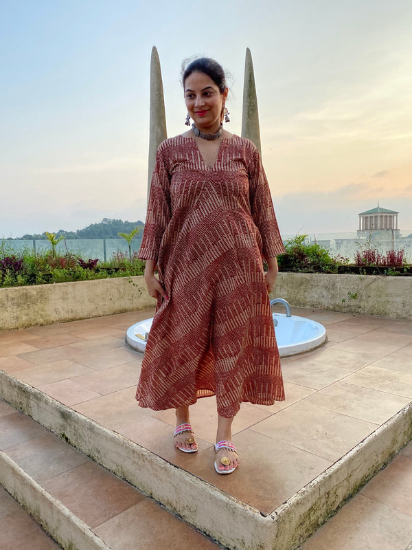 Red Geometric Motif Hand-Blocked Free Flow Dress | Available in both Knee and Ankle Length