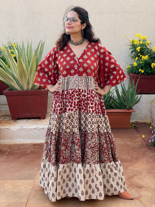 Ivory Red Mixed Hand Block Printed Front Buttoned 5 Tiered Dress