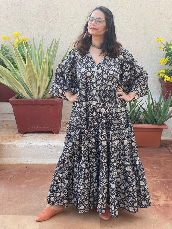 Black Floral Motif Hand-Block Tiered Dress