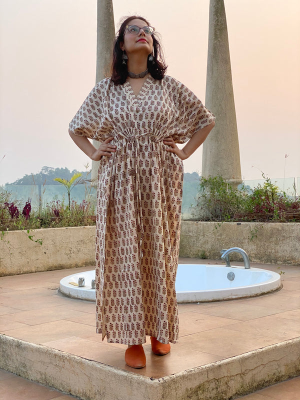 Cream Red Floral Motif Hand-Blocked Kaftan with V-Neck, Cinched Waist and Available in both Knee and Ankle Length