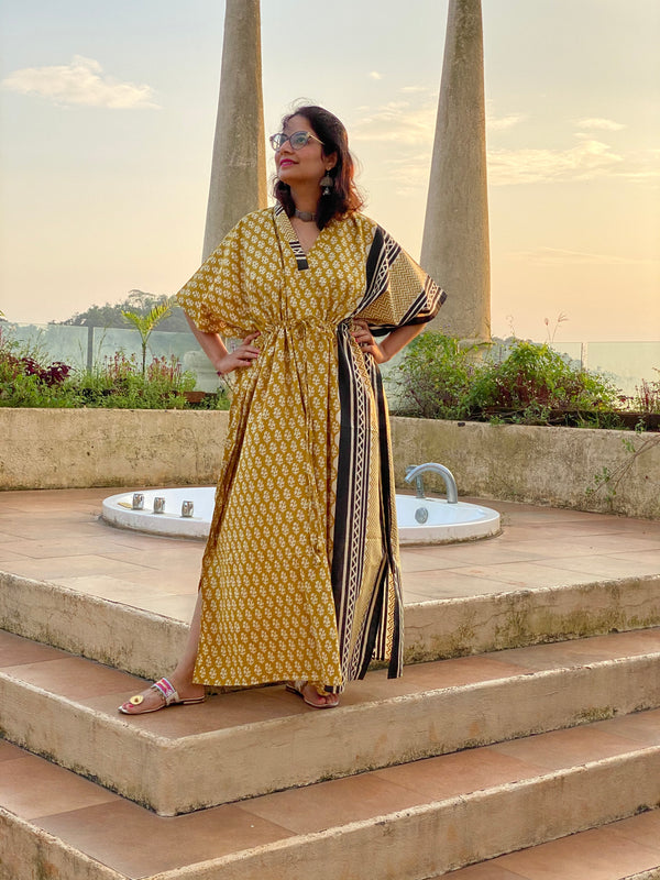 Mustard Black Bordered Hand Block Printed Caftan with V-Neck, Cinched Waist and Available in both Knee and Ankle Length
