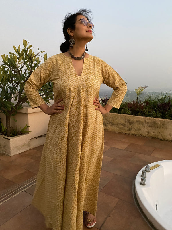 Mustard Triangle Motif Hand-Blocked Free Flow Dress | Available in both Knee and Ankle Length