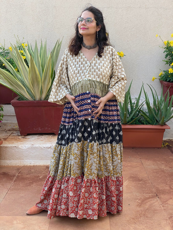 Mixed Patterns Hand-Block 5-Tier Front Buttoned Maternity Dress