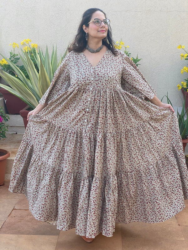 Ivory Red Tiny Leafy Motif Hand-Block Tiered Dress