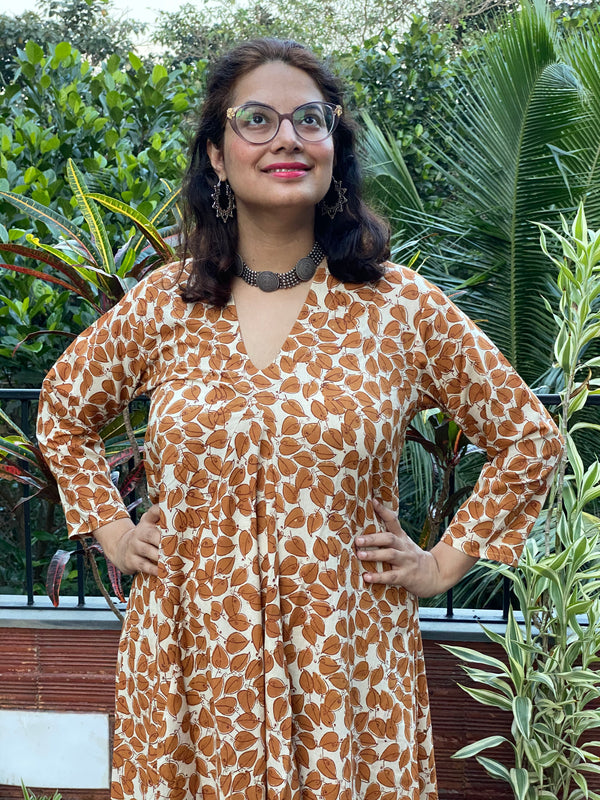 Cream Mustard Leafy Motif Hand-Blocked Free Flow Dress | Available in both Knee and Ankle Length