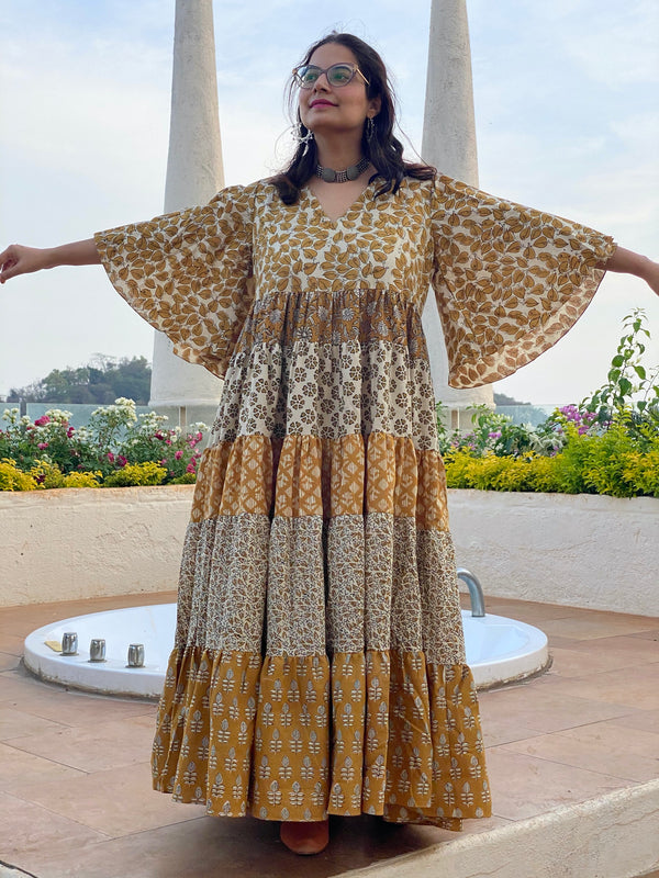 Mustard Gold and Ivory Mix 5 Tiered Dress in Hand-Block Print