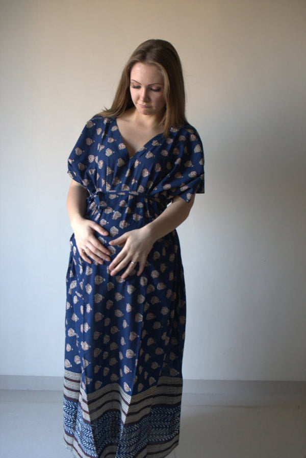 Indigo Blue Bordered Organic Cotton Hand-Blocked Front Buttoned Hospital Gown