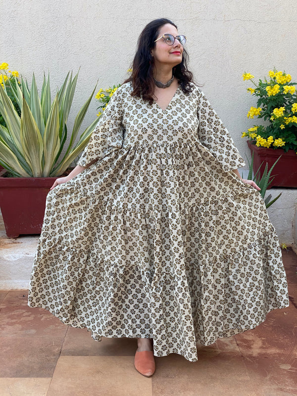 Ivory Mustard Floral Motif Hand-Block Printed Tiered Dress