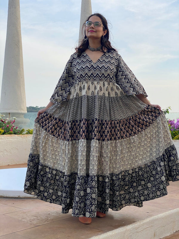 Black Ivory Mixed Hand Block Printed 5 Tiered Dress