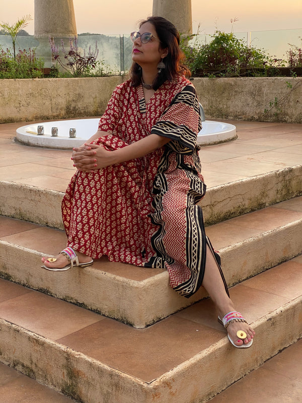 Red Black Bordered Hand Block Printed Caftan with V-Neck, Cinched Waist and Available in both Knee and Ankle Length