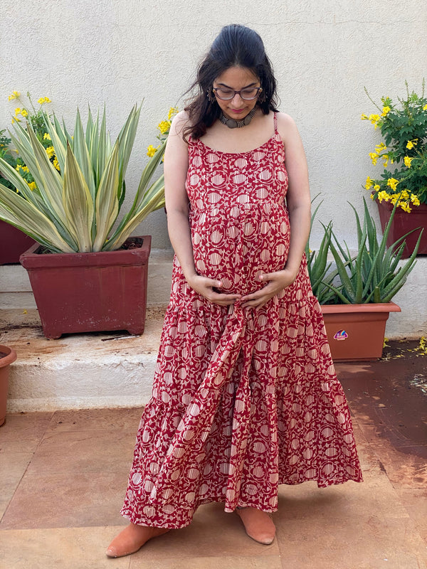 Red Lotus Motif Hand-Block Tiered Maternity Spaghetti Dress