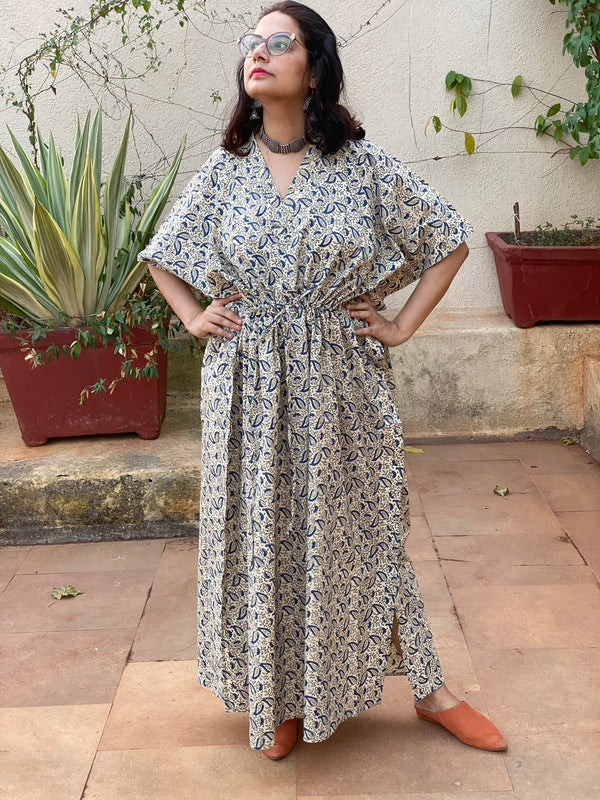 Ivory Blue Paisley Motif Hand Block Printed Caftan with V-Neck, Cinched Waist and Available in both Knee and Ankle Length