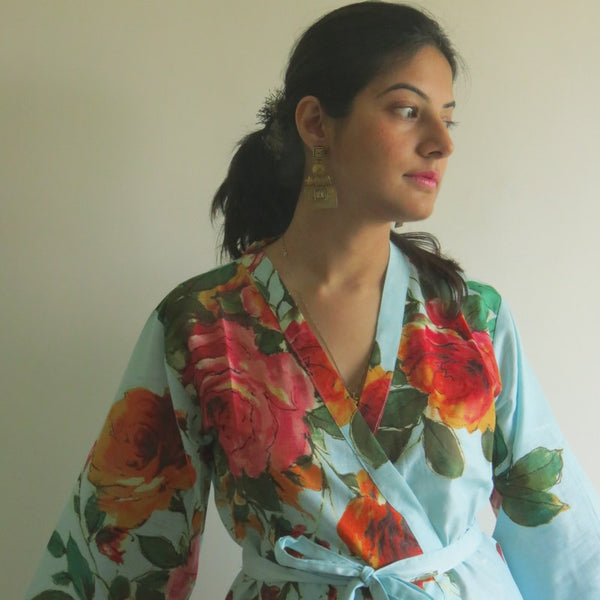 Light Blue Big Floral Knee Length, Kimono Crossover Belted Robe