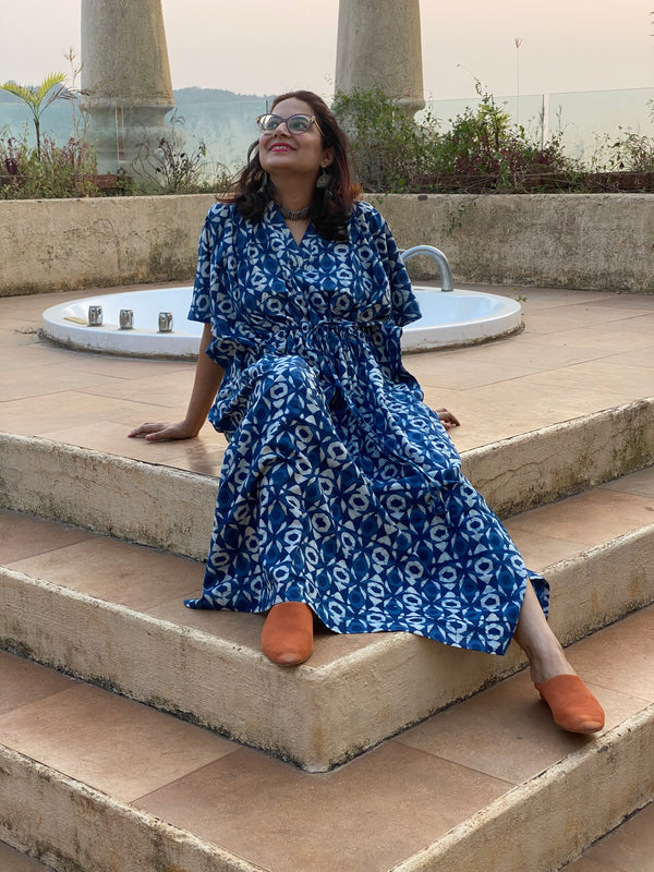 Indigo Blue Geometrical Motif Hand-Blocked Caftan with V-Neck, Cinched Waist and Available in both Knee and Ankle Length