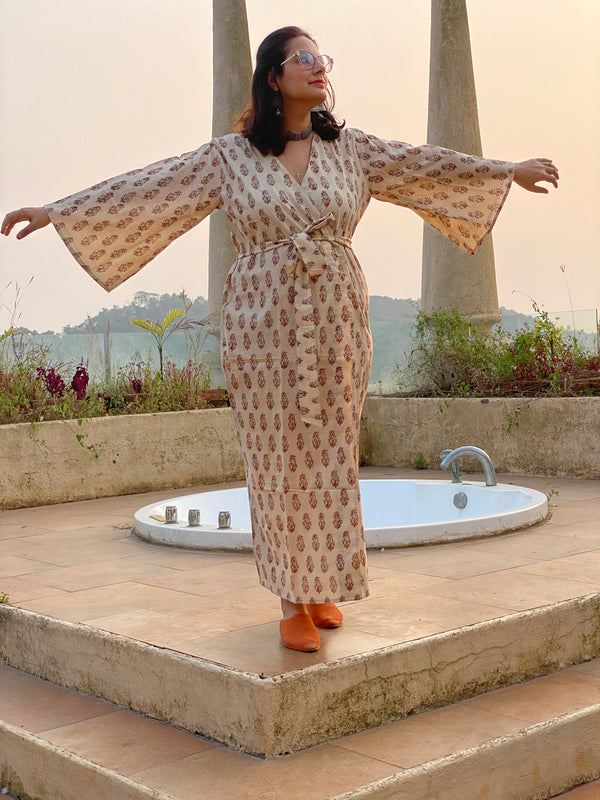 Ivory Red Floral Motif Hand Block Printed Kimono Robe | Available in both Knee and Ankle Length