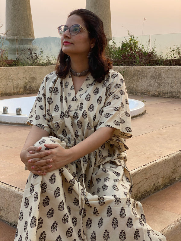 Cream Floral Motif Hand-Blocked Kaftan with V-Neck, Cinched Waist and Available in both Knee and Ankle Length
