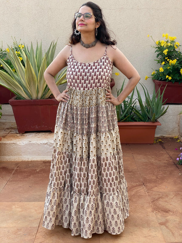 Ivory Mixed Patterns Hand Block Printed 5 Tiered Spaghetti Dress