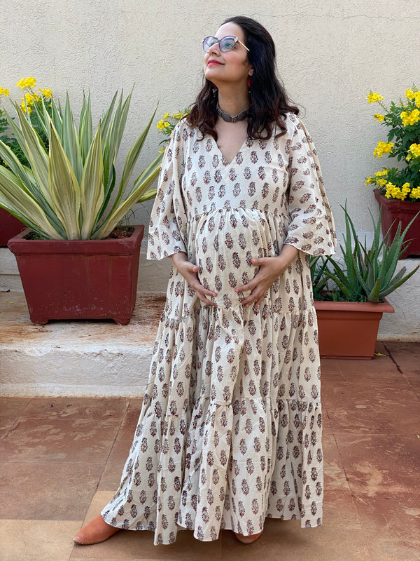 Ivory Paisley Motif Hand-Block Tiered Maternity Dress