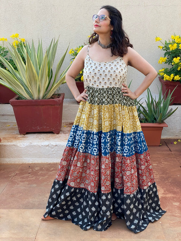 Mixed Colors Hand Block Printed 5 Tiered Spaghetti Dress