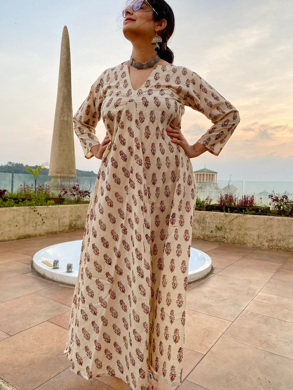 Ivory Red Paisley Motif Hand-Blocked Free Flow Dress | Available in both Knee and Ankle Length