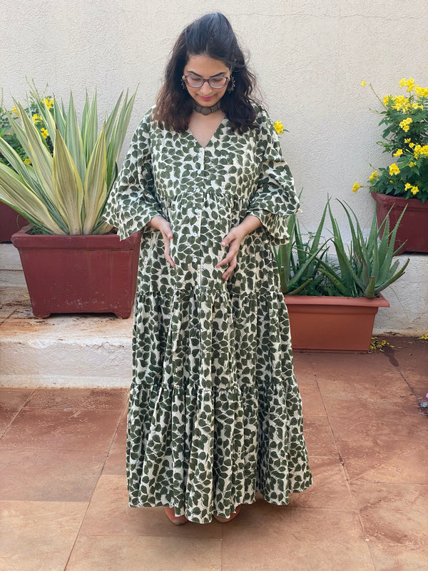 Ivory Green Leafy Motif Hand-Block Tiered Maternity Dress