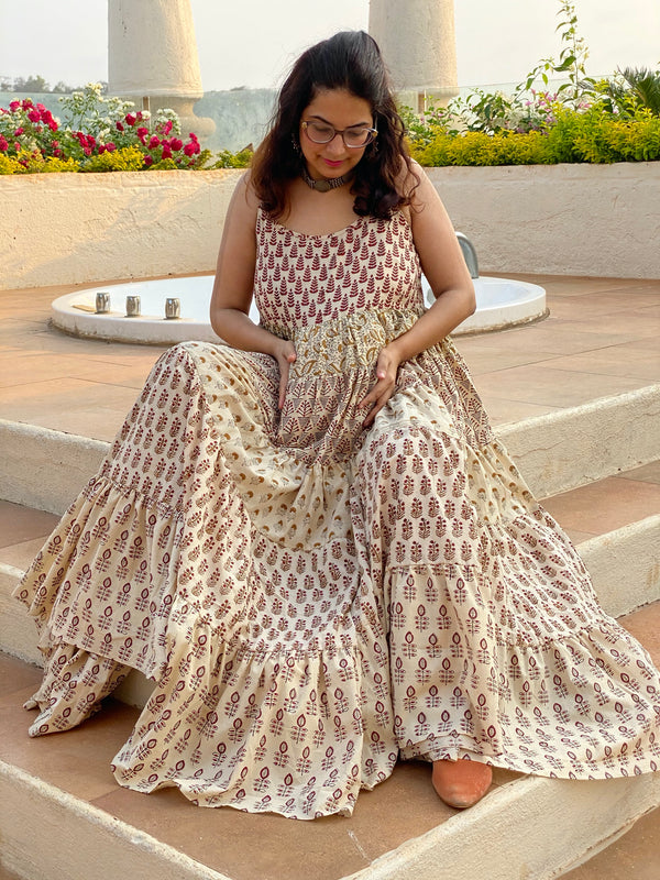 Mixed Patterns Red and Ivory Hand-Block 5-Tier Maternity Spaghetti Dress