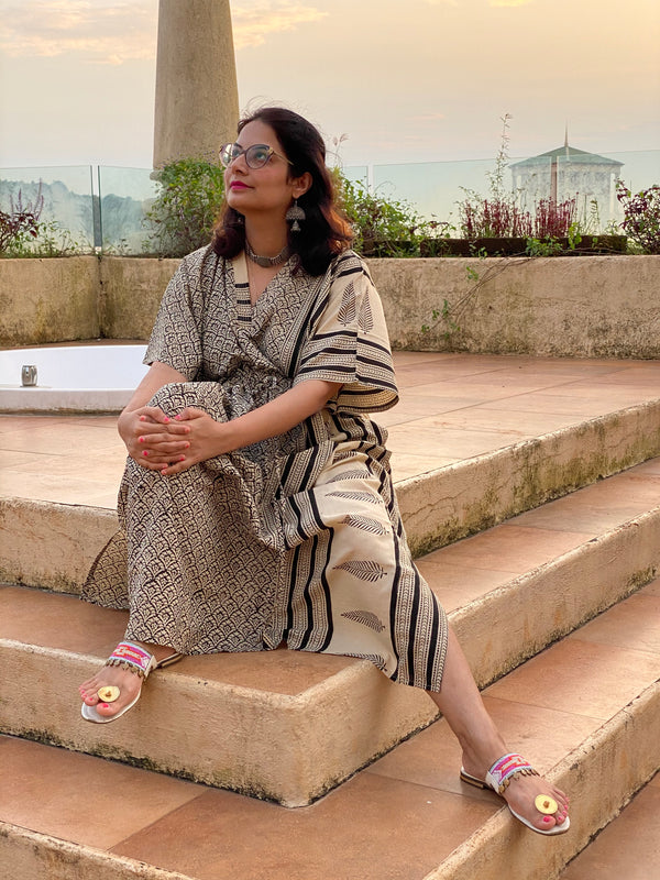 Ivory Black Leafy Bordered Hand Block Printed Caftan with V-Neck, Cinched Waist and Available in both Knee and Ankle Length