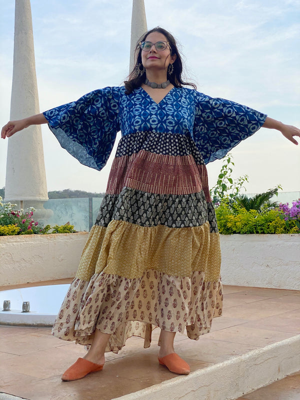 Mixed Colors Hand Block Printed 5 Tiered Dress