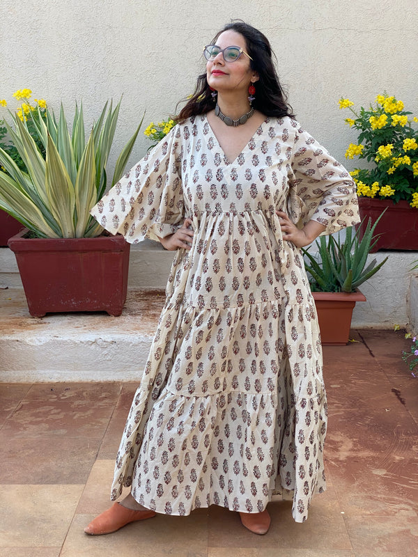 Ivory Red Paisley Motif Hand-Block Tiered Dress