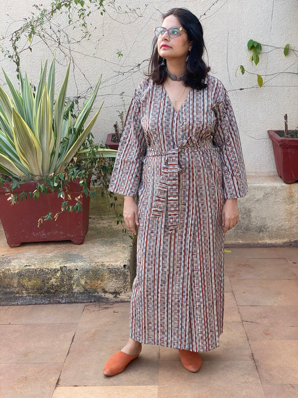 Blue Red Geometric Motif Hand Block Printed Kimono Robe | Available in both Knee and Ankle Length