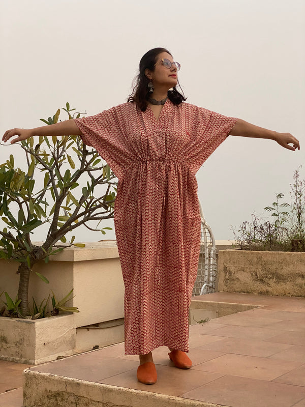 Red Triangle Motif Bordered Hand Block Printed Caftan with V-Neck, Cinched Waist and Available in both Knee and Ankle Length
