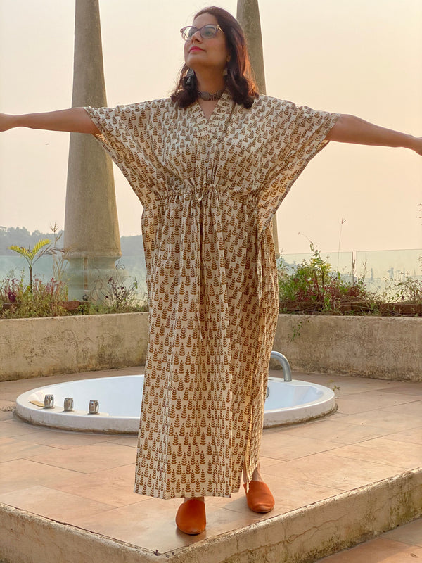 Ivory Mustard Tiny Tree Motif Hand Block Printed Caftan with V-Neck, Cinched Waist and Available in both Knee and Ankle Length
