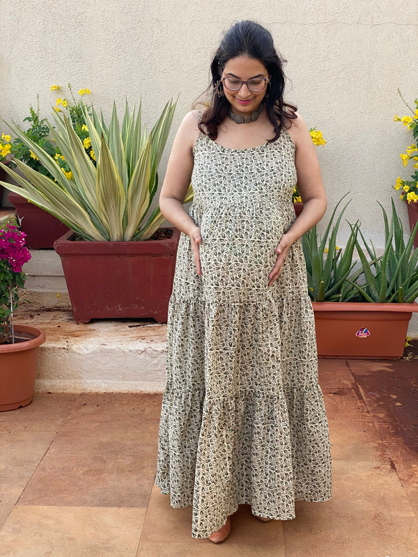 Ivory Green Tiny Leafy Motif Hand-Block Tiered Maternity Spaghetti Dress