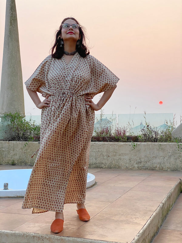 Ivory Red Teeny Tiny Flowers Motif Hand Block Printed Caftan with V-Neck, Cinched Waist and Available in both Knee and Ankle Length