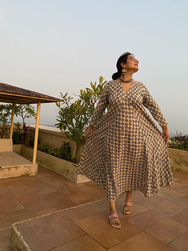 Ivory Blue Floral Motif Hand-Blocked Free Flow Dress | Available in both Knee and Ankle Length