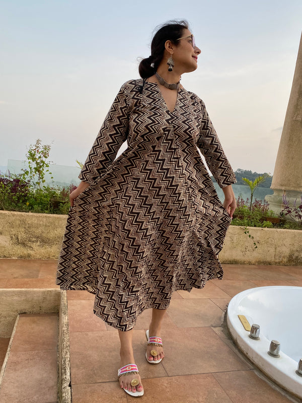 Black Chevron Motif Hand-Blocked Free Flow Dress | Available in both Knee and Ankle Length