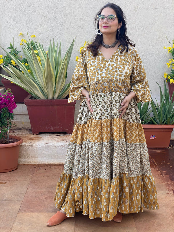 Mixed Patterns Gold and Ivory Hand-Block 5-Tier Maternity Dress