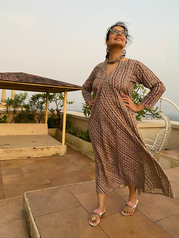 Red Blue Geometric Motif Hand-Blocked Free Flow Dress | Available in both Knee and Ankle Length