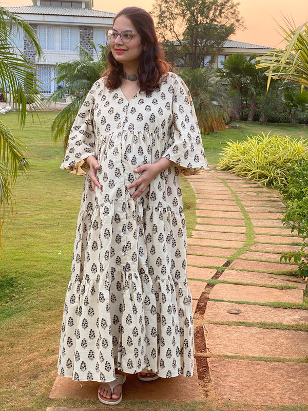Ivory Paisley Motif Hand-Block Tiered Front Buttoned Maternity Dress