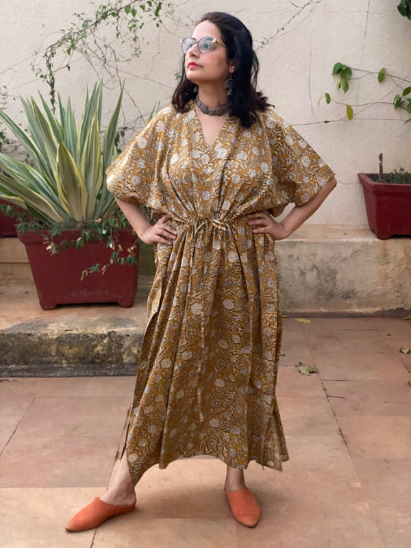 Mustard Floral Motif Hand-Blocked Kaftan with V-Neck, Cinched Waist and Available in both Knee and Ankle Length
