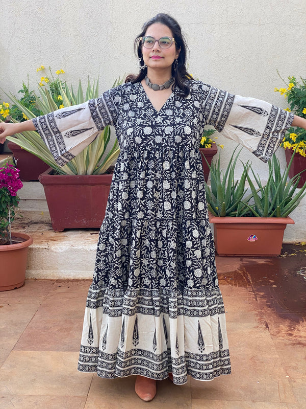 Black Floral Bordered Hand-Block Tiered Dress