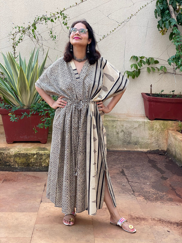 Ivory Black Leafy Bordered Hand Block Printed Caftan with V-Neck, Cinched Waist and Available in both Knee and Ankle Length