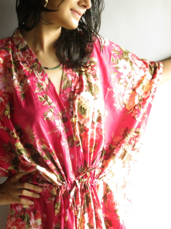 Magenta Floral Rosy Red Posy V-Neck Button Down to Waist, Ankle Length, Cinched Waist Caftan-A6 fabric Code